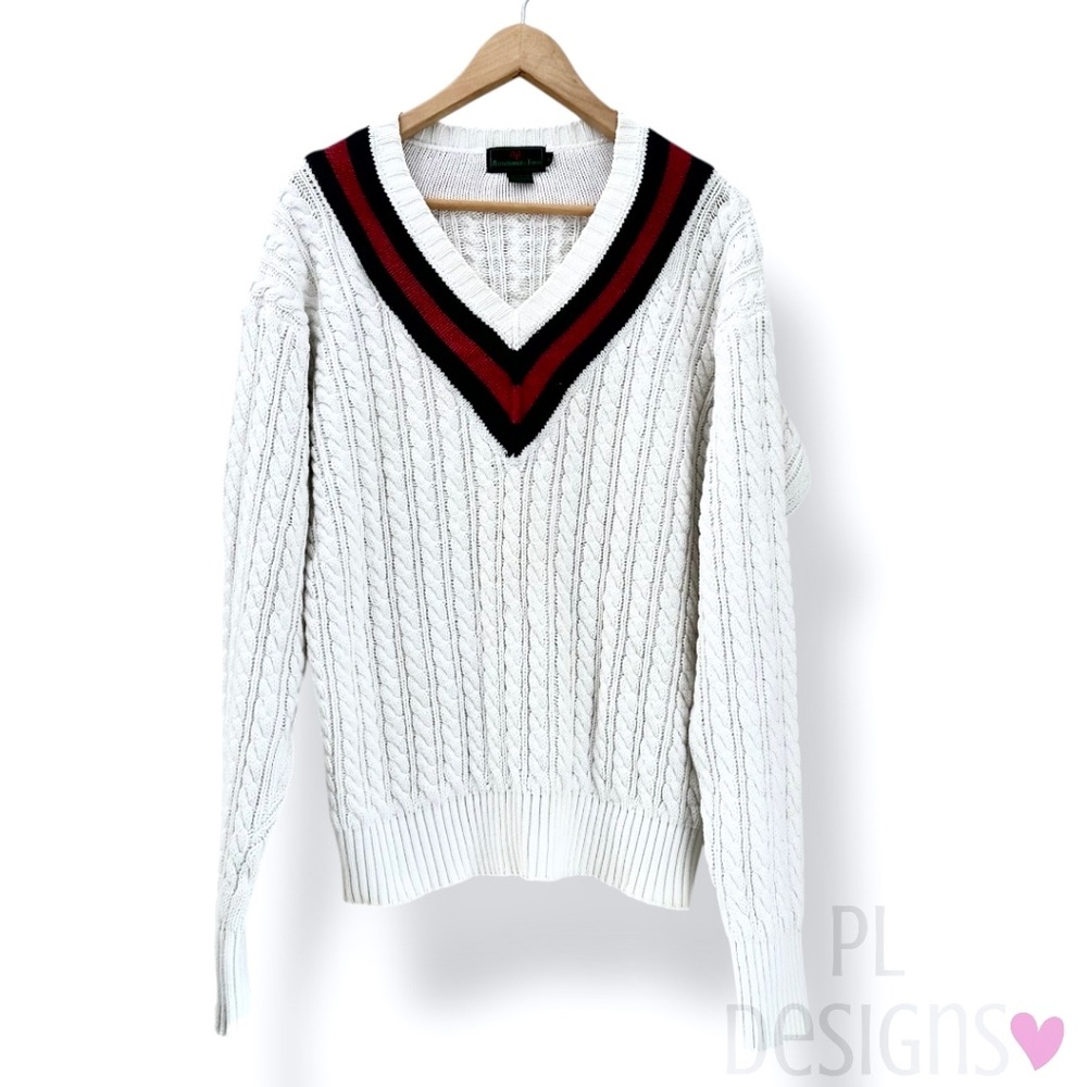 Abercrombie & Fitch Vintage Tennis Sweater White Cable Knit V-Neck Large